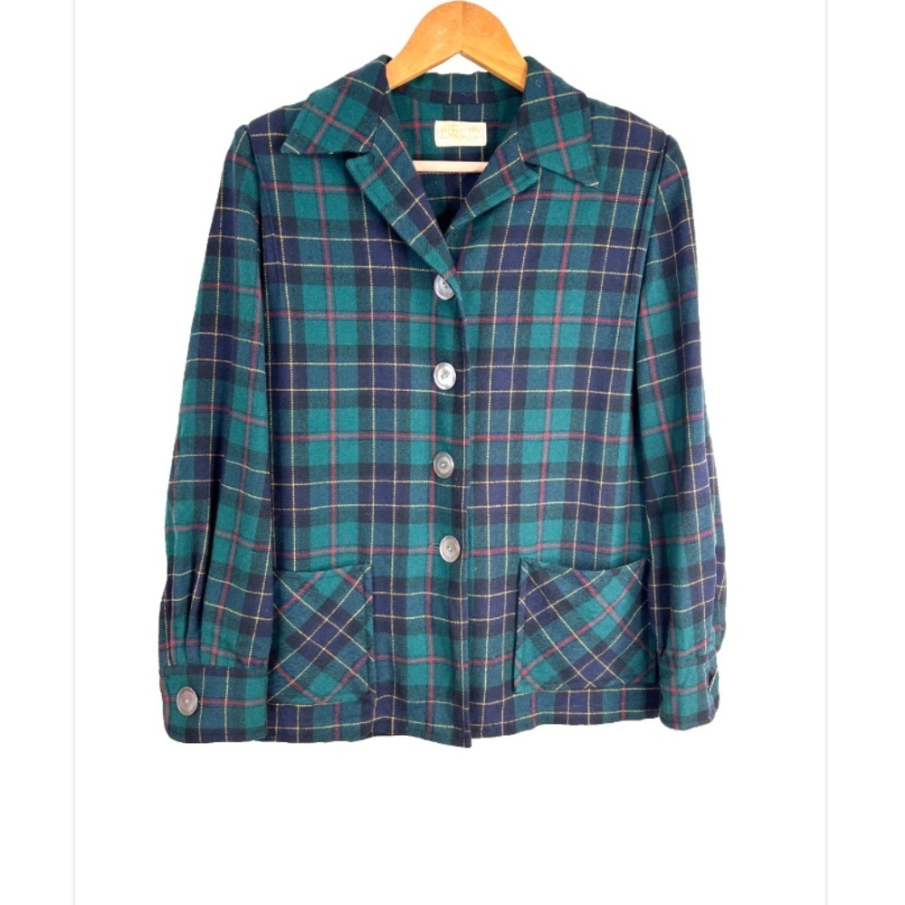 VTG 50s Pendleton Womens 49er Jacket L Virgin Wool Plaid Green Blue Shell Button